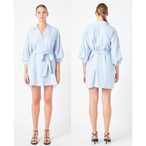 Endless Rose Belted Notched Collar Mini Shirt Dress Powder Blue Women's Size S